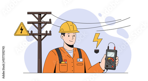 Electrician using multimeter for power line maintenance