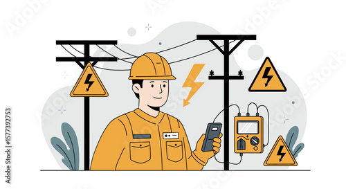 Utility worker with safety gear checking electrical supply on power lines