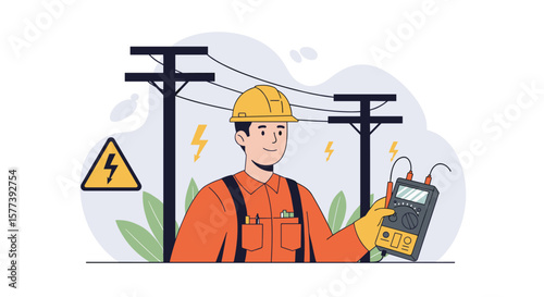 Electrician working safely near power lines with equipment