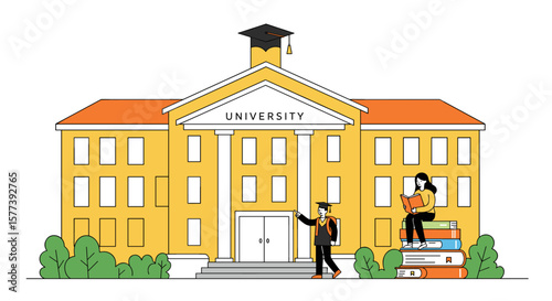 University building with graduates and books depicted in flat style