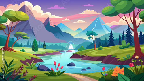 Vector art of a colorful cartoon landscape featuring mountains, a winding river, and lush green vegetation under a partly cloudy sky