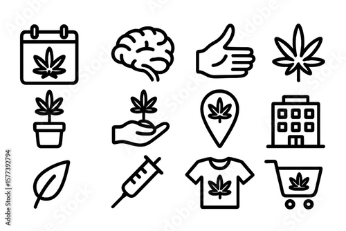 Cannabis icons collection: minimalist line art symbols for various applications