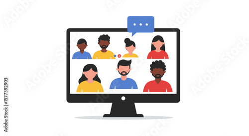 Virtual meeting on display screen with diverse participants and chat bubble