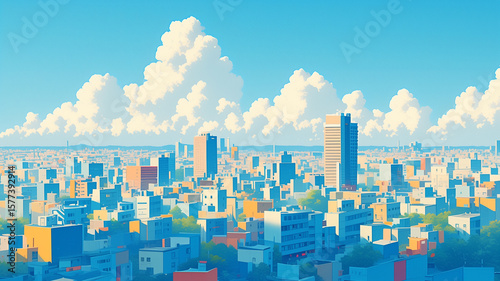 レトロ風味のシティポップテイスト、澄んだ青空と広がる雲、高層ビルが立ち並ぶ都市風景、懐かしさと近代的な要素が交差する夏の昼間の街並みを描いた風景イラスト

