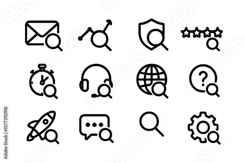 Minimalist search icon set featuring communication and data symbols