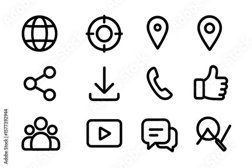 Minimalist black icon set featuring communication and navigation symbols