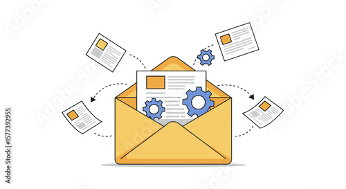 Email delivery system with documents and gears in flat design
