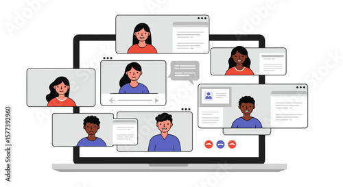 Virtual meeting with diverse participants on laptop screen in flat style
