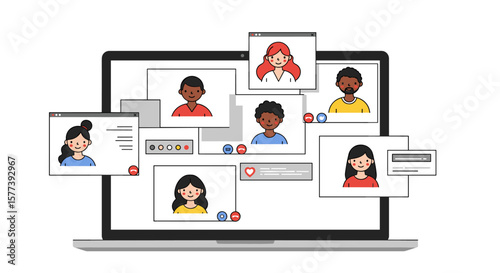 Diverse virtual meeting: cartoon style video call with online interaction