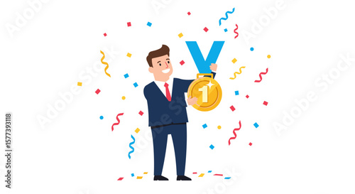 Businessman celebrating success with first place medal and confetti