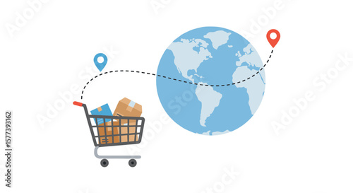 Global shipping concept with shopping cart and world map
