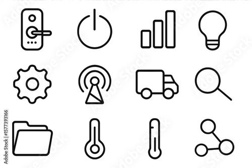 Minimalist technology icons set: connectivity, settings, and utility symbols in simple outline