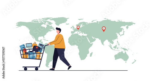 Online shopping concept with global reach and cart full of packages on world map background