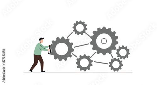 Man adjusting gears in iconic flat design on white background