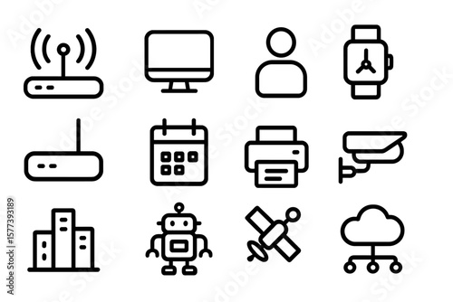 Modern technology icons set: devices, gadgets, and digital tools on dark background