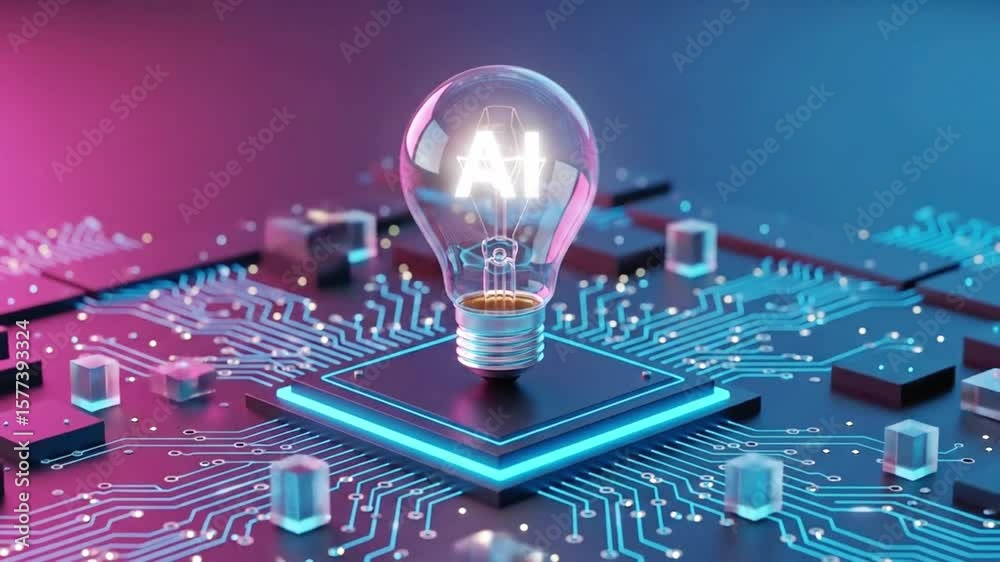 A glowing light bulb with the letters ai sits atop a modern circuit board, symbolizing artificial intelligence and technological innovation