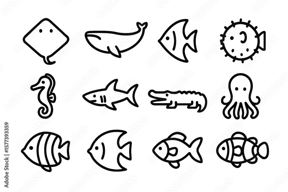 Obraz premium Linear style marine animal icons on dark background