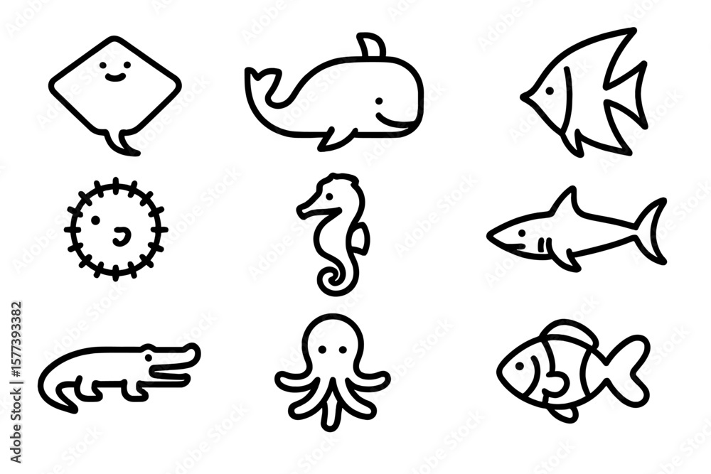 Obraz premium Cute outline sea creatures icon set for kids' projects