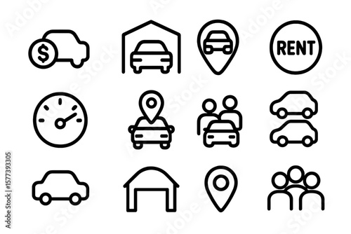 Car rental icons set: linear style transport symbols for modern applications