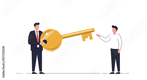 Large golden key handover between two business professionals