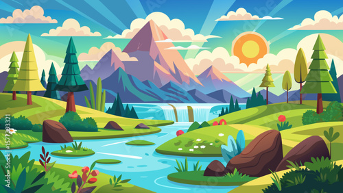 Vector art of a serene cartoon landscape showcases a cascading waterfall, lush greenery, and towering mountains under a partly cloudy sky