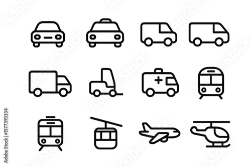 Minimalist black linear icons of various transportation vehicles