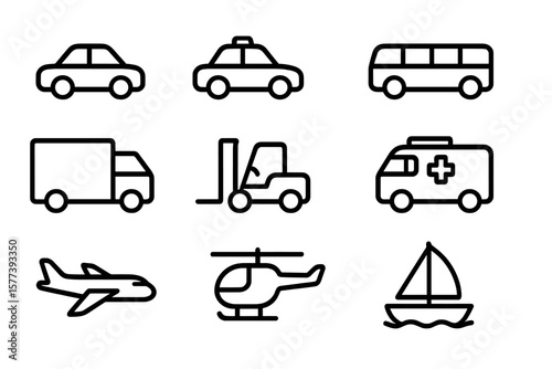 Monochrome icons of transportation: car, taxi, bus, truck, forklift, ambulance, airplane, helicopter, boat
