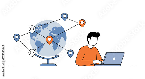 Global networking concept with person using laptop and world map connections