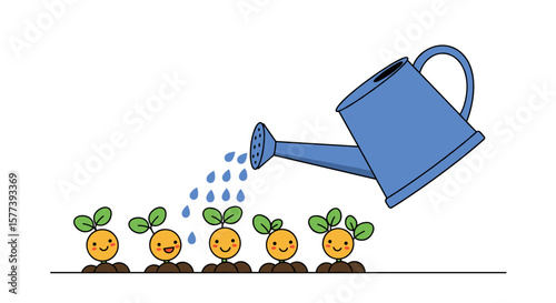 Cute flat style watering can nurtures happy seedlings in simple garden scene