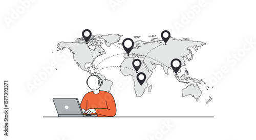 Global connection concept with minimalist world map and person at laptop