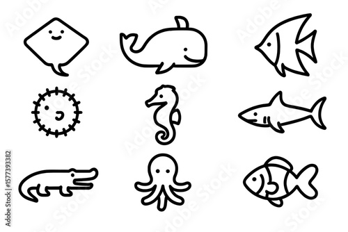 Cute outline sea creatures icon set for kids' projects