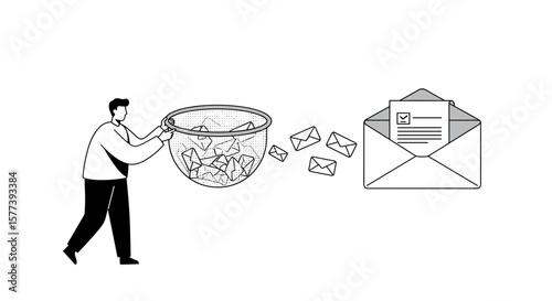 Efficient email filtering: man collecting letters with net for inbox management