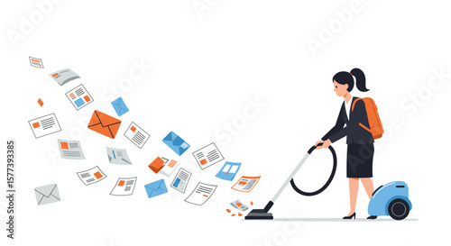 Office worker vacuuming documents, highlighting digital transition and productivity