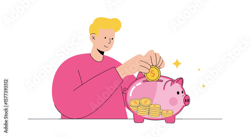 Savings concept with person adding coins to piggy bank in flat style