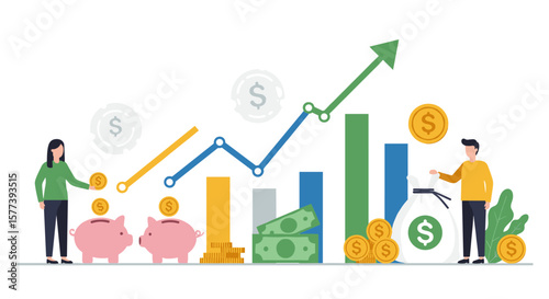Financial growth and savings concept with graphs and piggy banks