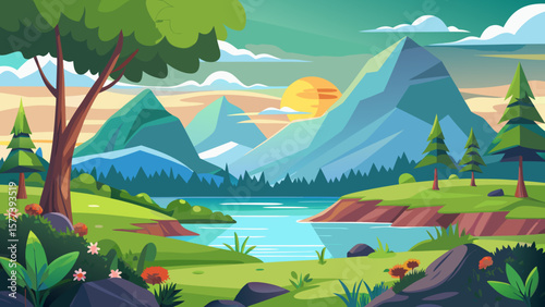 Vector art of a serene cartoon landscape featuring mountains, a tranquil river, and lush trees under a bright, partly cloudy sky