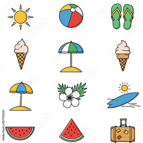  Summer Illustrations. A set of simple, cute icons vacation 
beach sun transparent vectors  