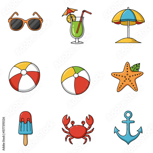  Summer Illustrations. A set of simple, cute icons vacation 
beach sun transparent vectors  