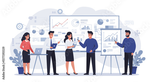 Team meeting and data analysis concept with charts and graphs in flat style