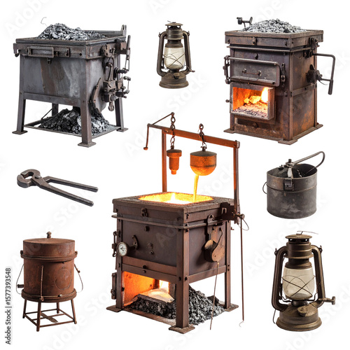 Antique metalworking tools and equipment collection isolated on black background