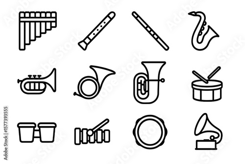 Outline icons of musical instruments: clarinet, saxophone, drums, and more
