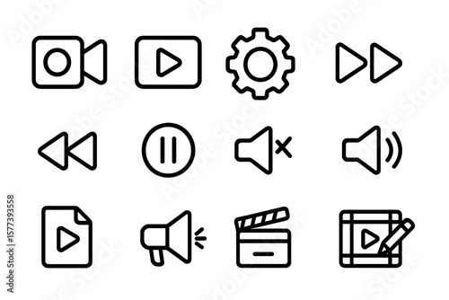 Minimalist media control icons set for multimedia interfaces and applications