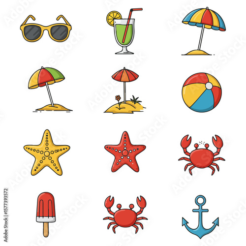  Summer Illustrations. A set of simple, cute icons vacation 
beach sun transparent vectors  