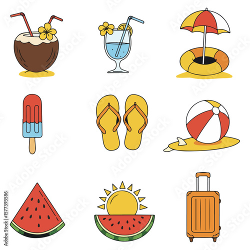  Summer Illustrations. A set of simple, cute icons vacation 
beach sun transparent vectors  