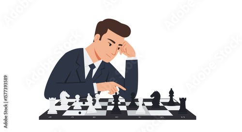 Strategic thinking: man contemplating chess moves in flat style