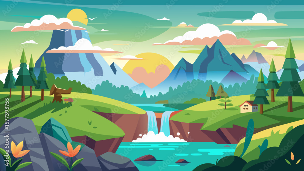 Naklejka premium Vector art of a vibrant cartoon landscape featuring mountains, a river with a waterfall, and lush greenery under a bright sunny sky