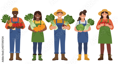 Diverse farmers in overalls holding fresh vegetables on a white background