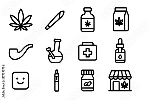 Cannabis line icons featuring medical, recreational, and retail elements