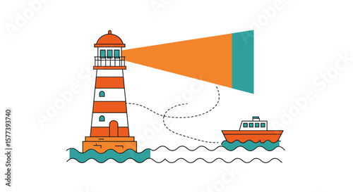 Colorful flat lighthouse with boat and waves on white background