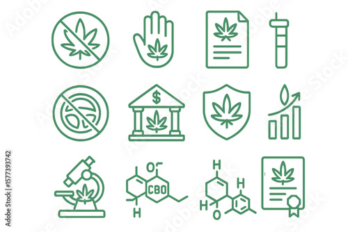 Cannabis industry icons - green outline set with financial and scientific elements